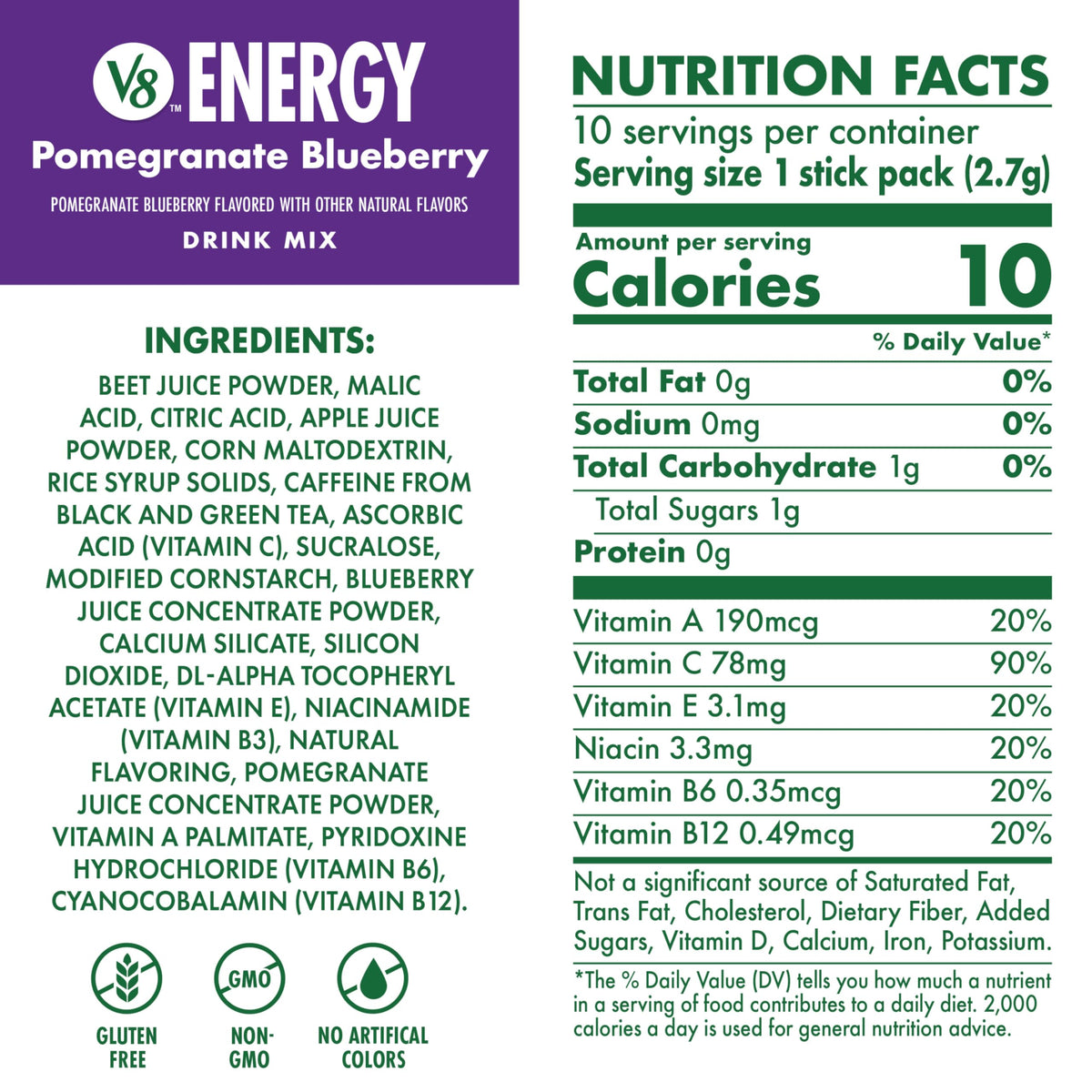 V8 Energy 80 mg caffeine packet for steady focus during the day.