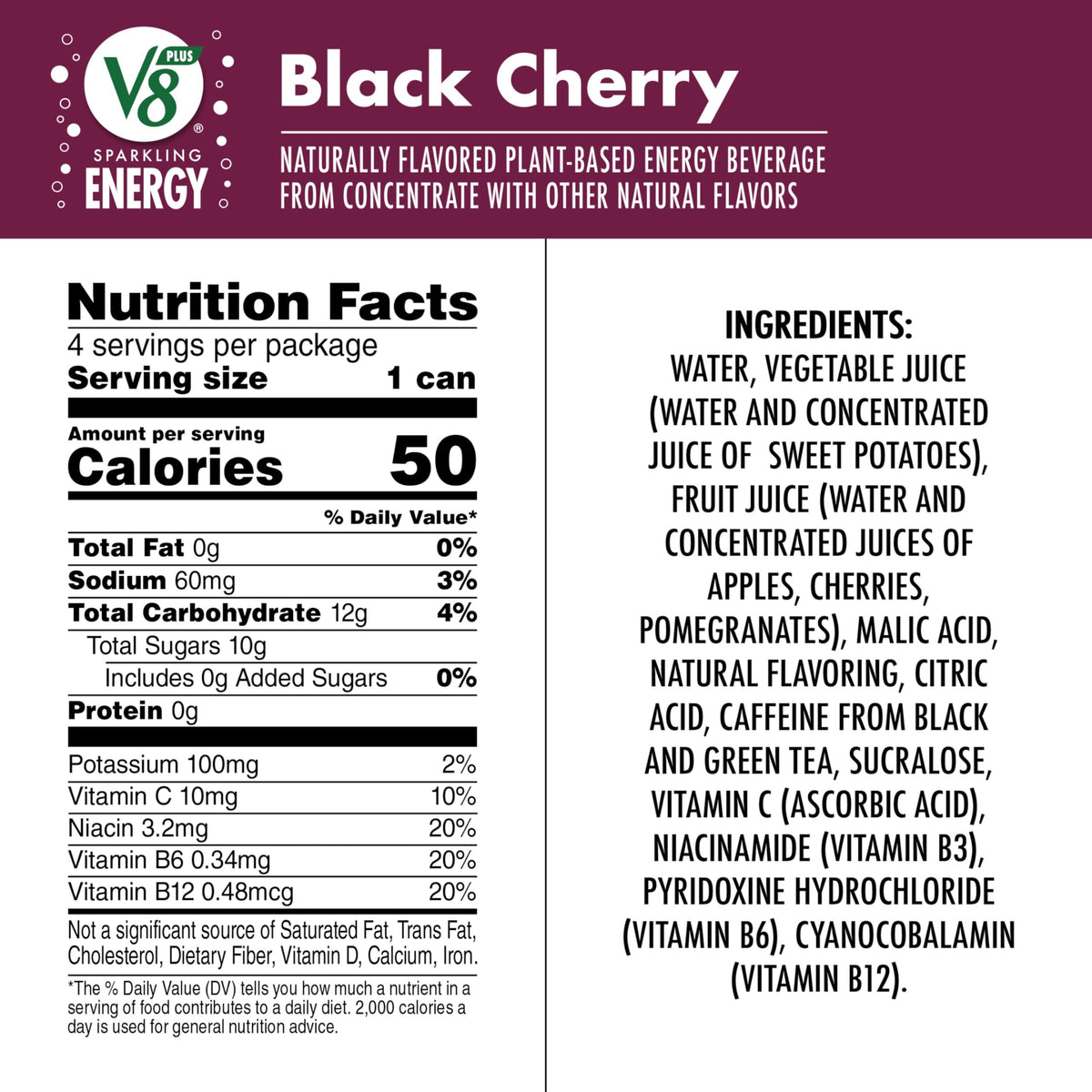 V8 +ENERGY Black Cherry can back with nutrition information and no sugar added