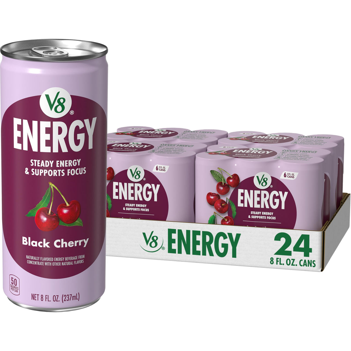 V8 Energy Black Cherry can front view for on-the-go focus.
