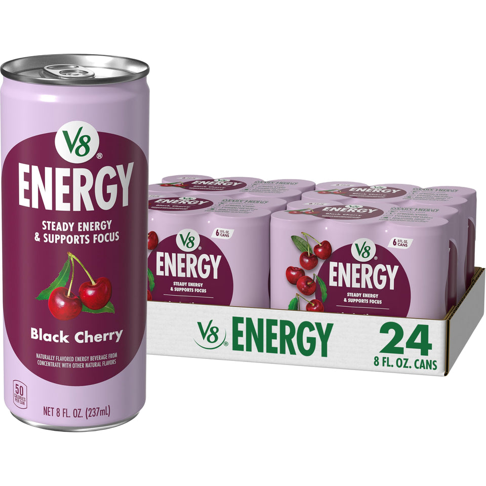 V8 Energy Black Cherry can front view for on-the-go focus.