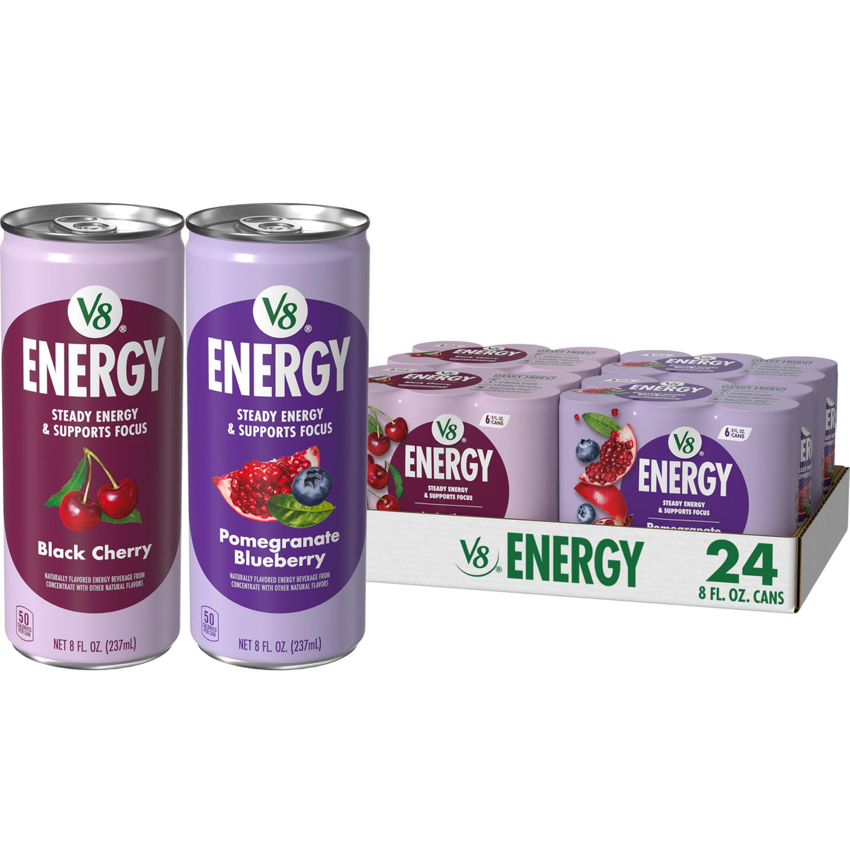 V8 Energy Black Cherry can front view, refreshing flavor cue