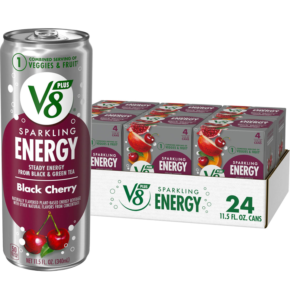 V8 +ENERGY Black Cherry can front view highlighting plant powered caffeine boost
