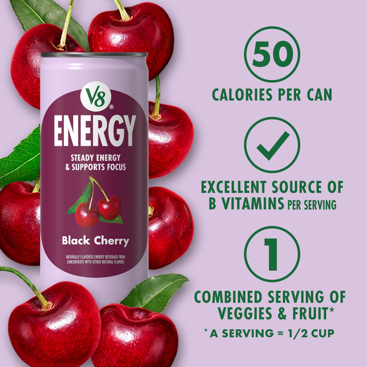 V8 Energy Black Cherry pour shot showing refreshing color and aroma.