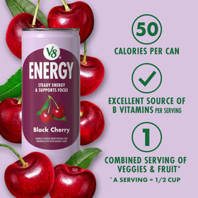 V8 Energy Black Cherry pour shot showing refreshing color and aroma.