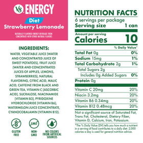 V8 Energy Diet Strawberry Lemonade can back, gluten-free and non-GMO