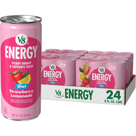 V8 Energy Diet Strawberry Lemonade can front, plant-powered caffeine boost
