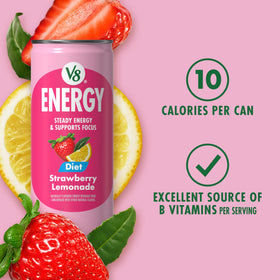 V8 Energy Diet Strawberry Lemonade pour into glass, ready-to-drink