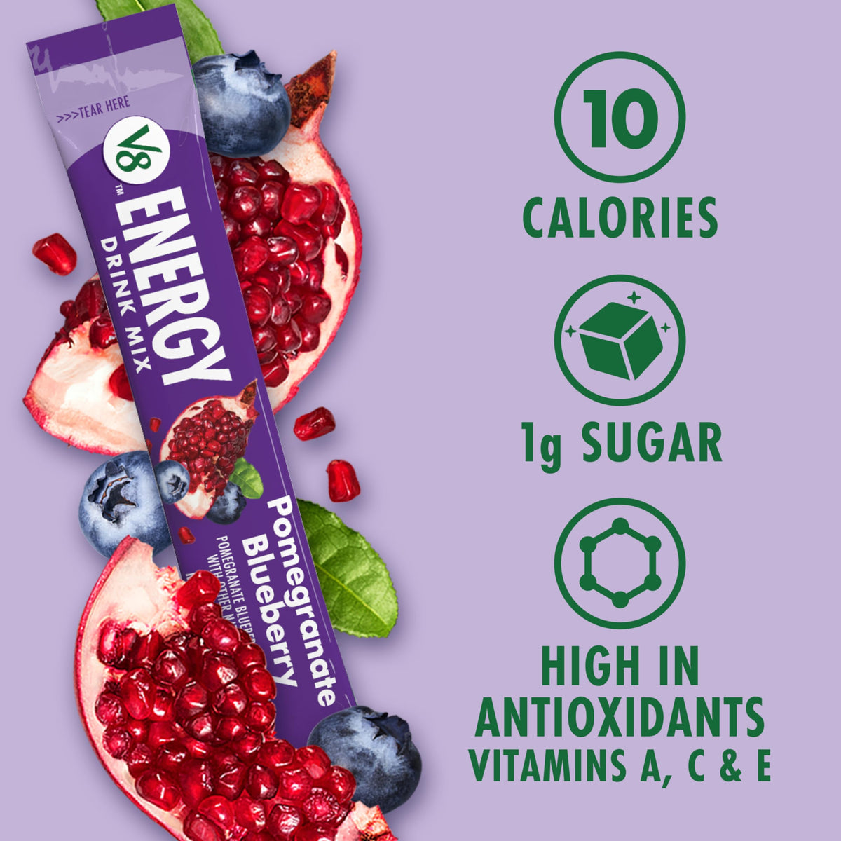 V8 Energy fruit flavor pomegranate blueberry powder for a tasty energizer.