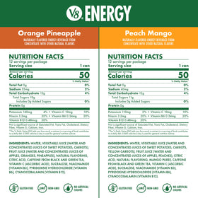 V8 Energy label close-up highlighting caffeine and ingredients.