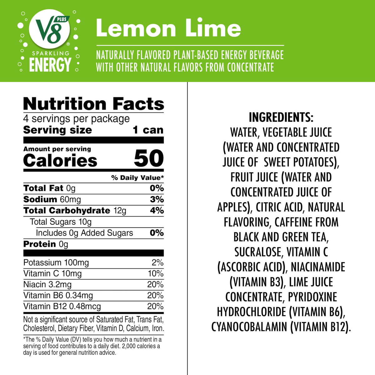 V8 +ENERGY Lemon Lime can, front view, natural caffeine boost from tea