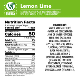 V8 +ENERGY Lemon Lime can, front view, natural caffeine boost from tea