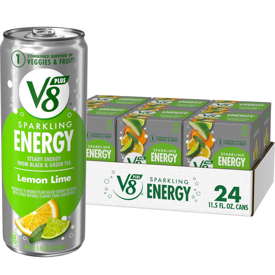 V8 +ENERGY Lemon Lime can, side view, refreshing citrus flavor for a quick pick-me-up