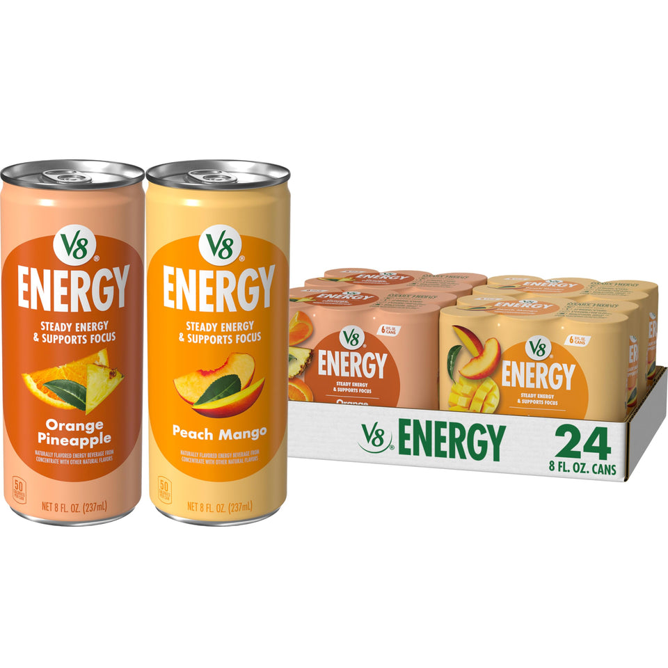 V8 Energy Orange Pineapple can showing bold flavor and steady energy.