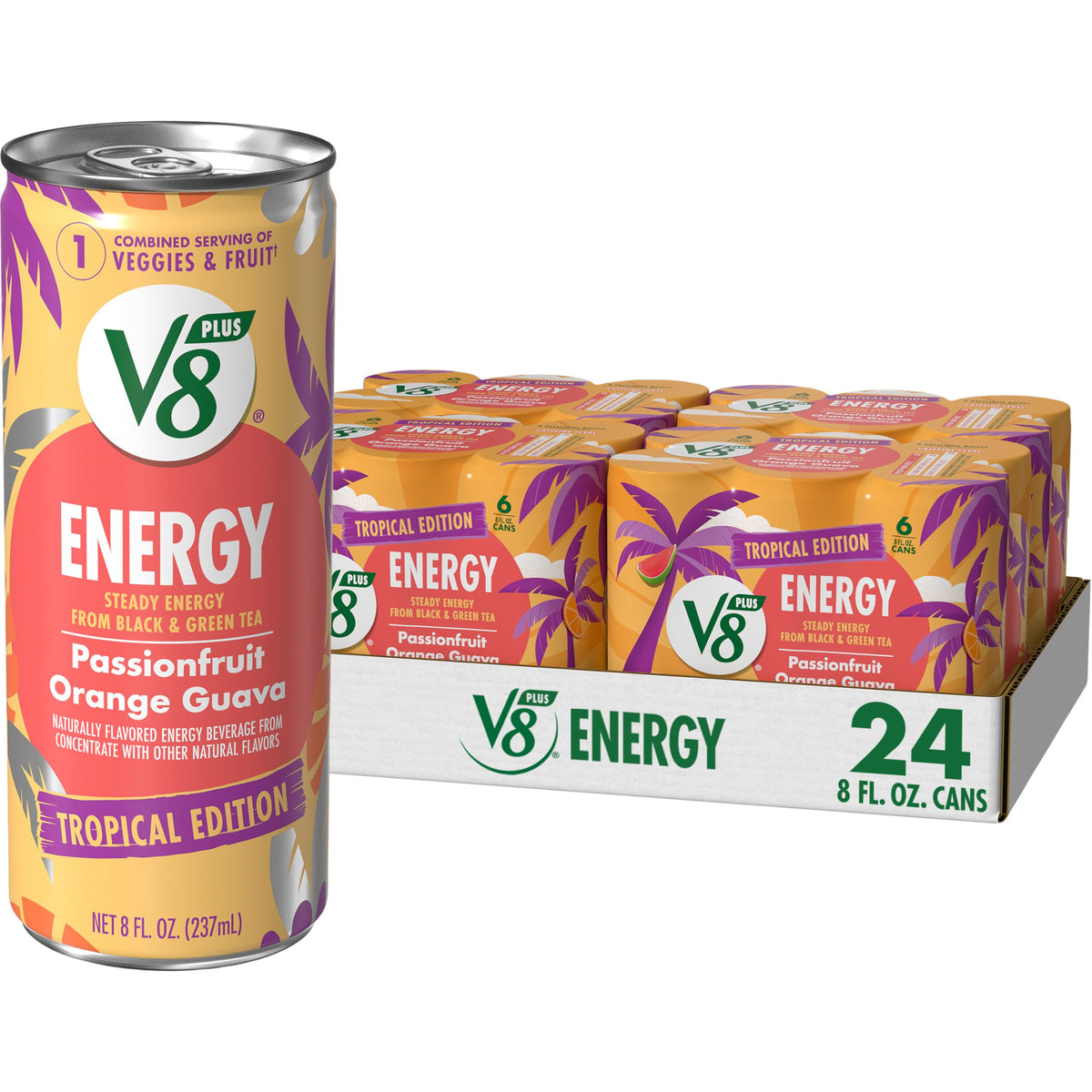 V8 +ENERGY 24 pack front view for convenient tropical refreshment on the go