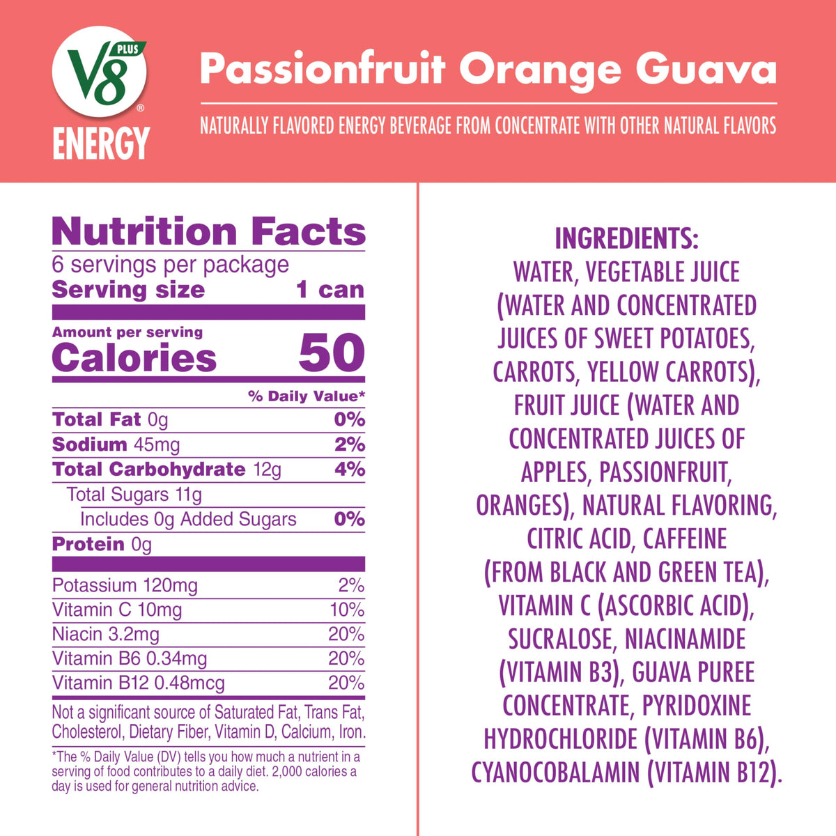 V8 +ENERGY passionfruit orange guava cans on shelf highlight bold flavors