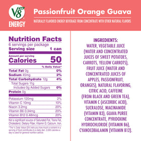V8 +ENERGY passionfruit orange guava cans on shelf highlight bold flavors
