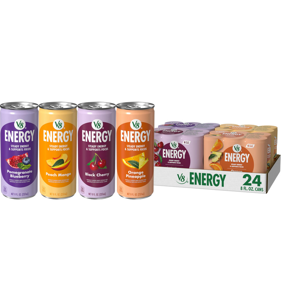 V8 Energy Peach Mango 8oz can offers a natural caffeine lift for daytime energy.