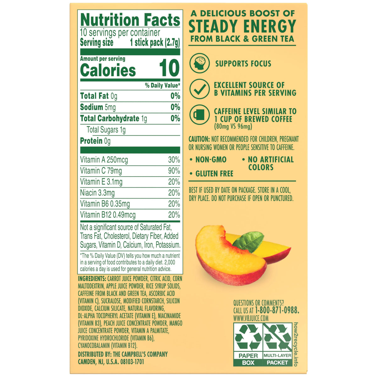 V8 Energy Peach Mango packet highlighting caffeine level and focus support.