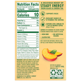 V8 Energy Peach Mango packet highlighting caffeine level and focus support.