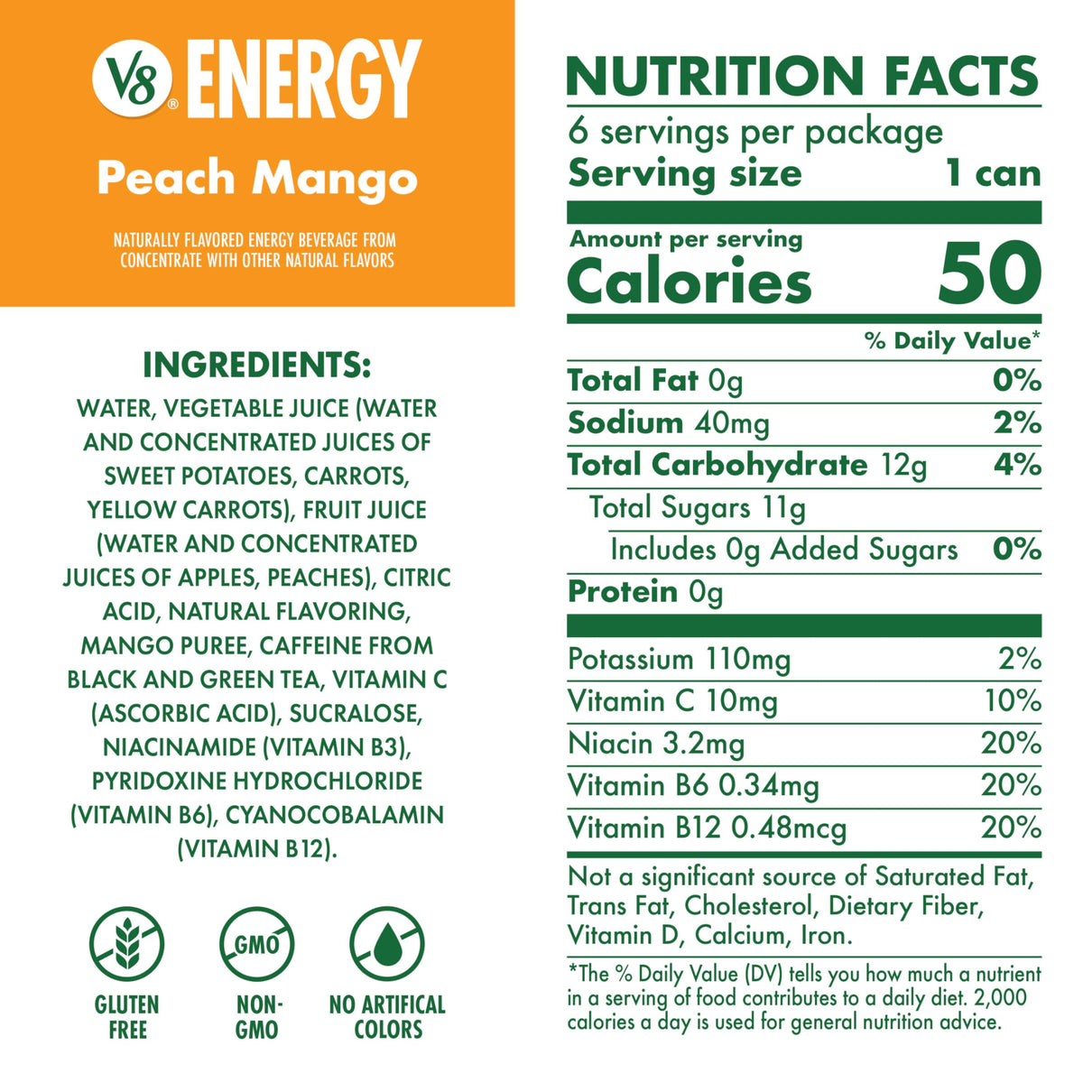 V8 Energy Peach Mango can back shows caffeine content and nutrition facts