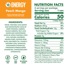 V8 Energy Peach Mango can back shows caffeine content and nutrition facts