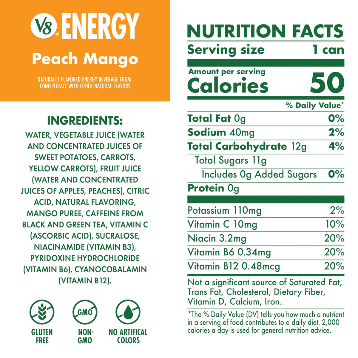 V8 Energy Peach Mango can beside a chilled glass, ready to drink.