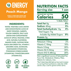V8 Energy Peach Mango can beside a chilled glass, ready to drink.