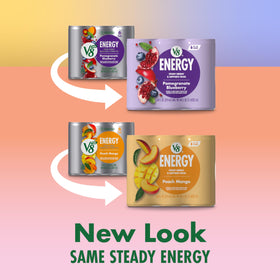 V8 Energy Peach Mango can front highlighting tropical flavor ideal for study or workouts.