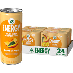 V8 Energy Peach Mango can front with refreshing flavor and caffeine boost