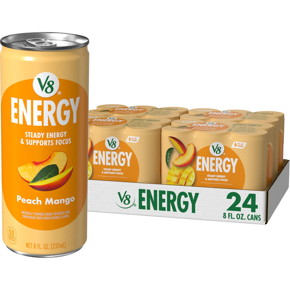 V8 Energy Peach Mango can front with refreshing flavor and caffeine boost
