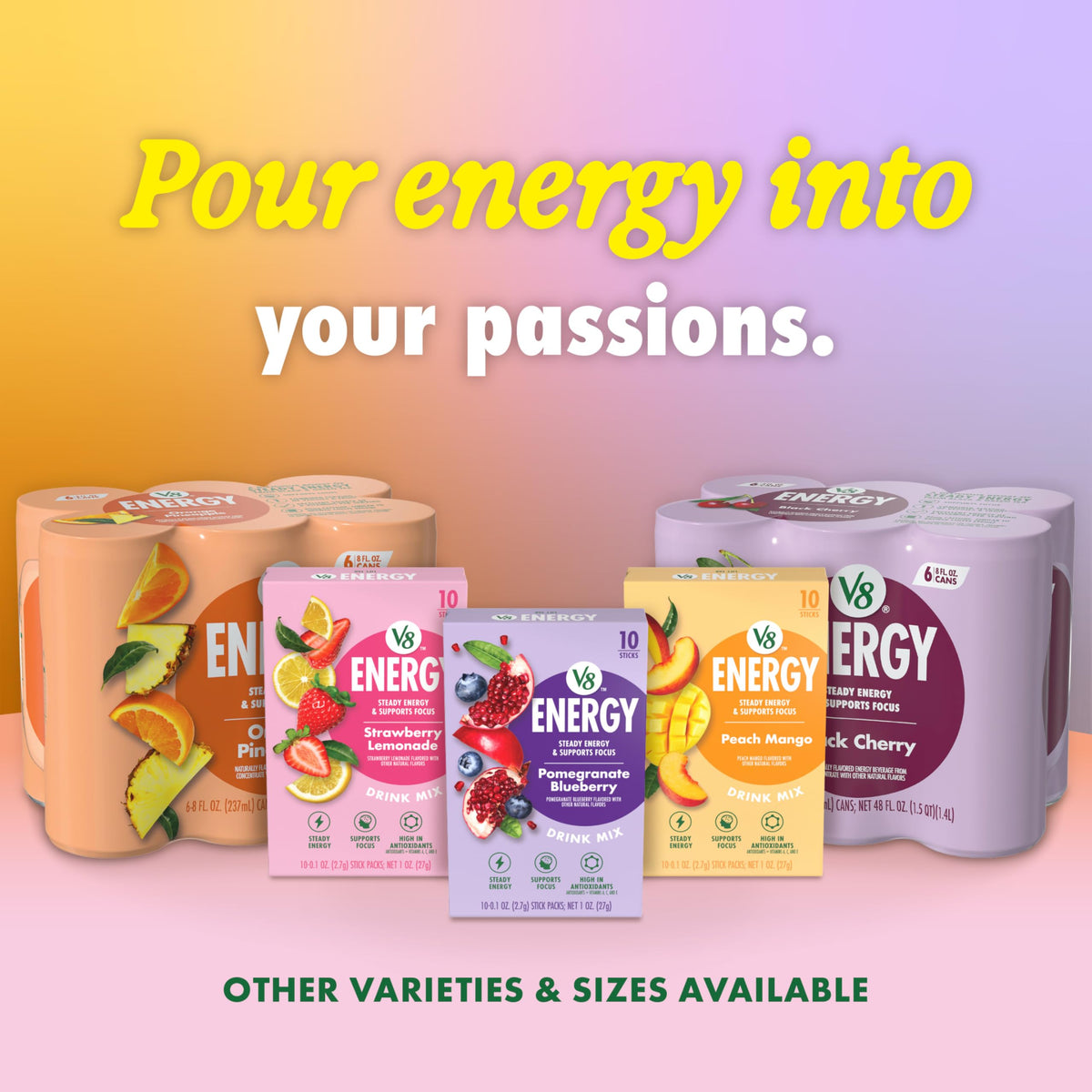 V8 Energy Peach Mango can with a mango slice garnish for visual appeal.