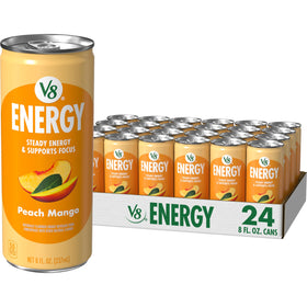 V8 Energy Peach Mango can being poured for a refreshing, plant-based boost.