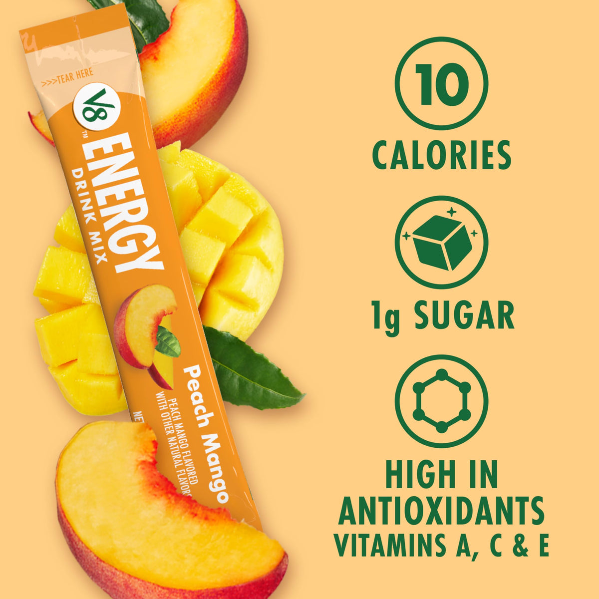 V8 Energy Peach Mango packets dissolve in water, quick refreshing drink.