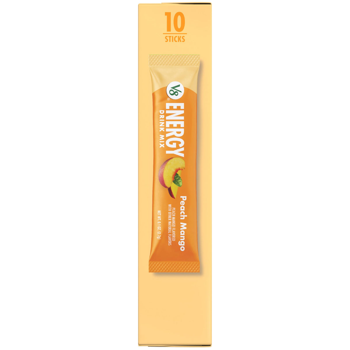 V8 Energy Peach Mango flavor closeup with inviting aroma and color.