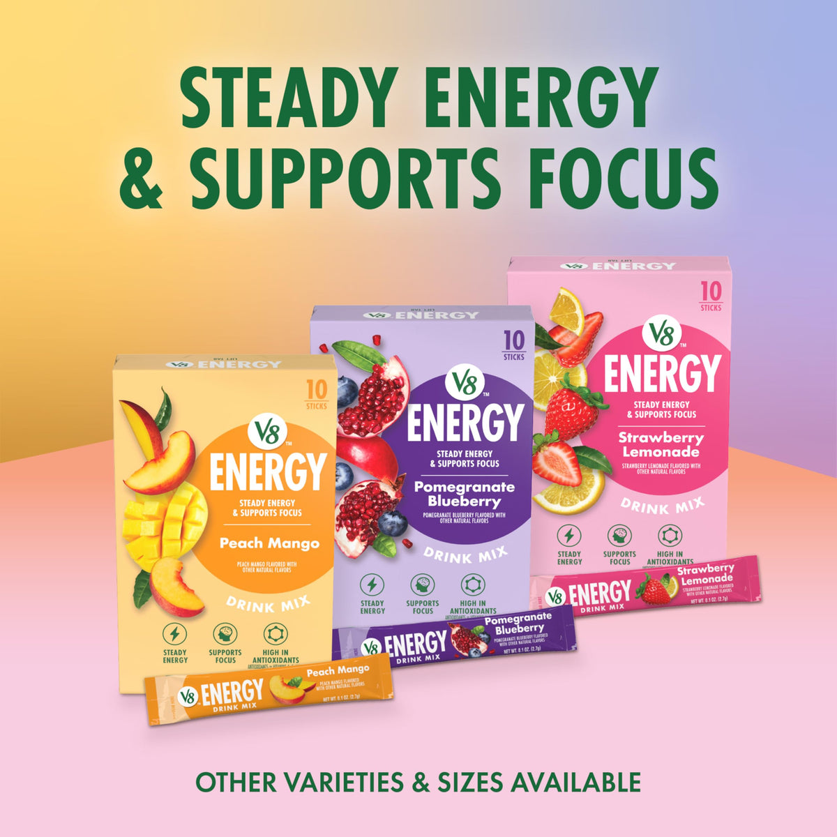 V8 Energy Peach Mango packets ingredients and vitamins.