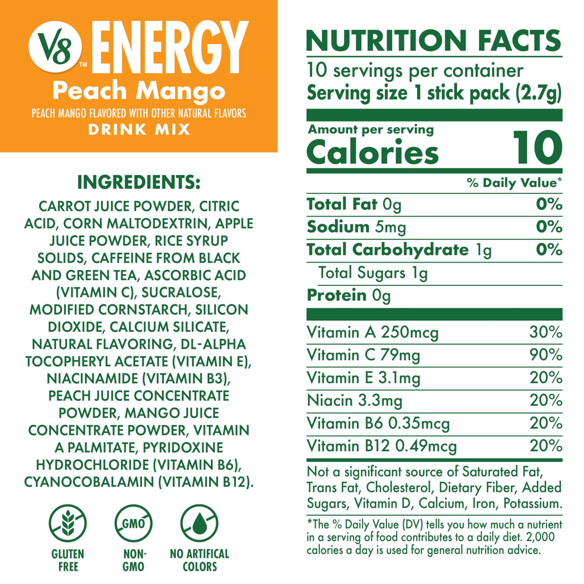 V8 Energy Peach Mango packets back view shows nutrition details and ingredients.