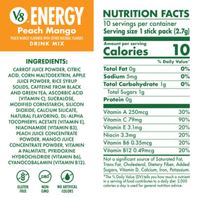 V8 Energy Peach Mango packets back view shows nutrition details and ingredients.
