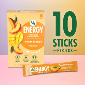 V8 Energy Peach Mango packets closeup highlighting vibrant flavor and aroma.