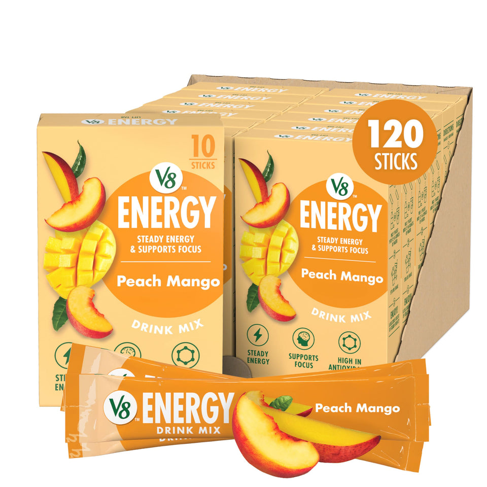 V8 Energy Peach Mango packets front view for on-the-go energy.