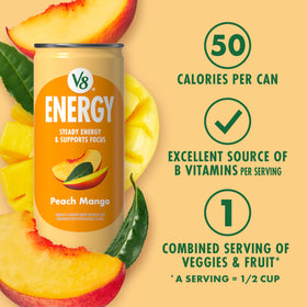 Store shelf display of V8 Energy Peach Mango 24-pack for quick access.