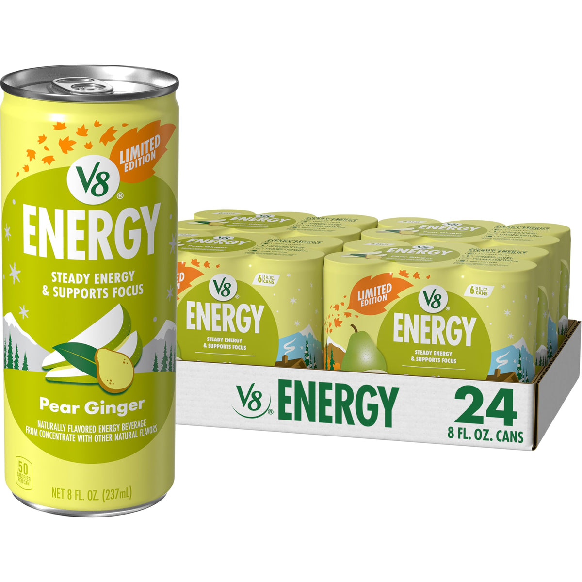 V8 Energy Pear Ginger can front view showing pear-ginger flavor and caffeine boost.