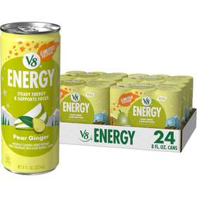 V8 Energy Pear Ginger can front view showing pear-ginger flavor and caffeine boost.