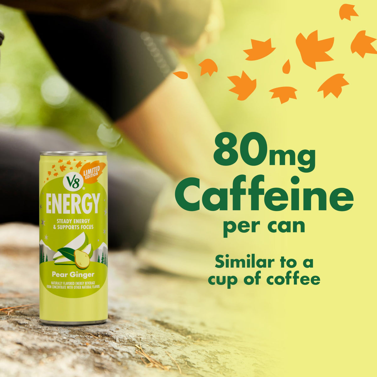 V8 Energy Pear Ginger can side view highlights non-GMO ingredients.