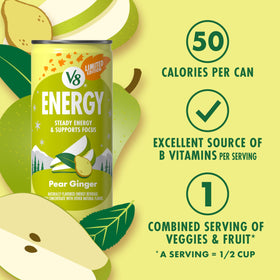 V8 Energy Pear Ginger ingredients panel shows no added sugar statement.