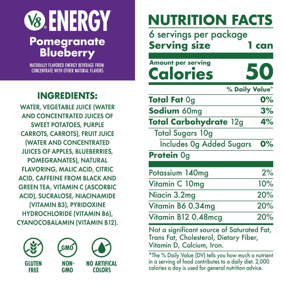 V8 Energy Pomegranate Blueberry can back shows nutrition details and caffeine content.