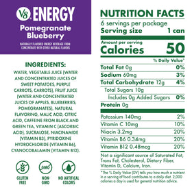 V8 Energy Pomegranate Blueberry can back shows nutrition details and caffeine content.