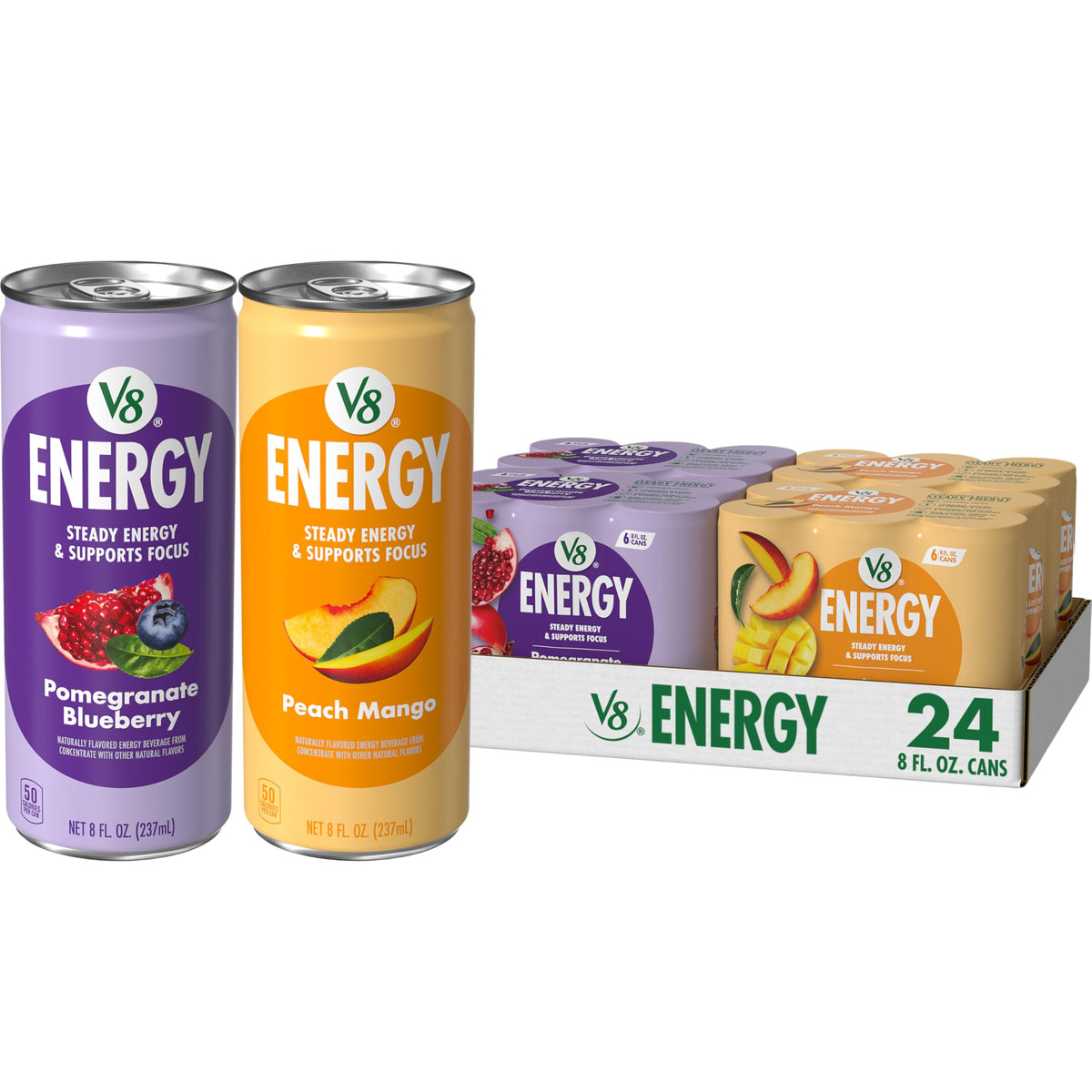 V8 Energy Pomegranate Blueberry can front showing fruity flavor and steady energy benefits.