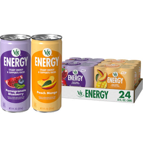 V8 Energy Pomegranate Blueberry can front showing fruity flavor and steady energy benefits.