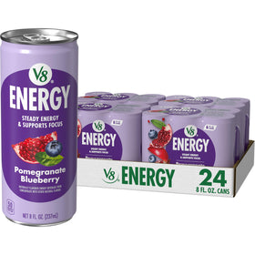V8 Energy Pomegranate Blueberry can front view highlights a refreshing energy boost.