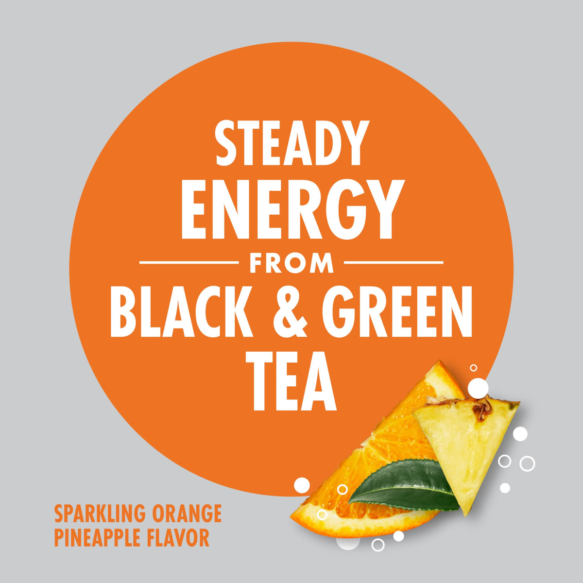 V8 +Energy Sparkling Orange Pineapple bottle packaging, emphasizing plant-based energy and non-GMO benefits.